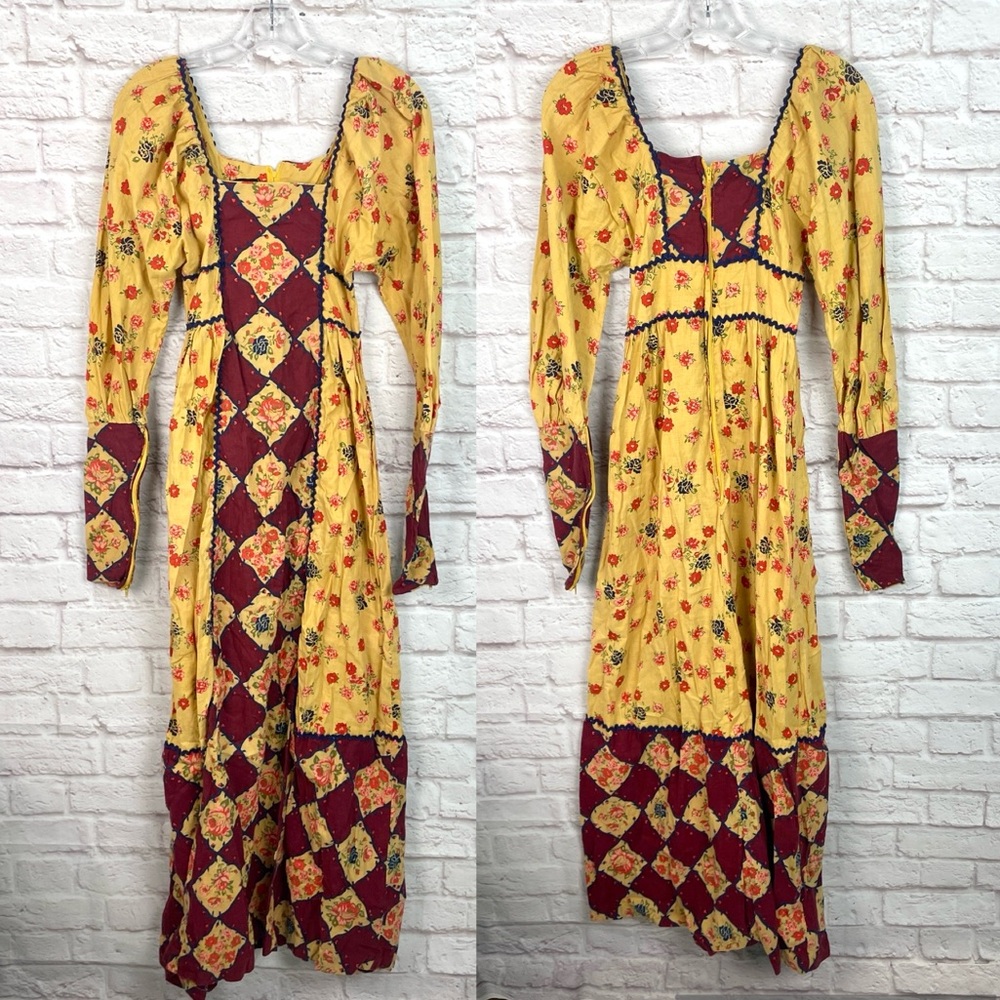 Gunne Sax Rare Black Label Medieval Style Floral Yellow Maxi Dress Size 5
